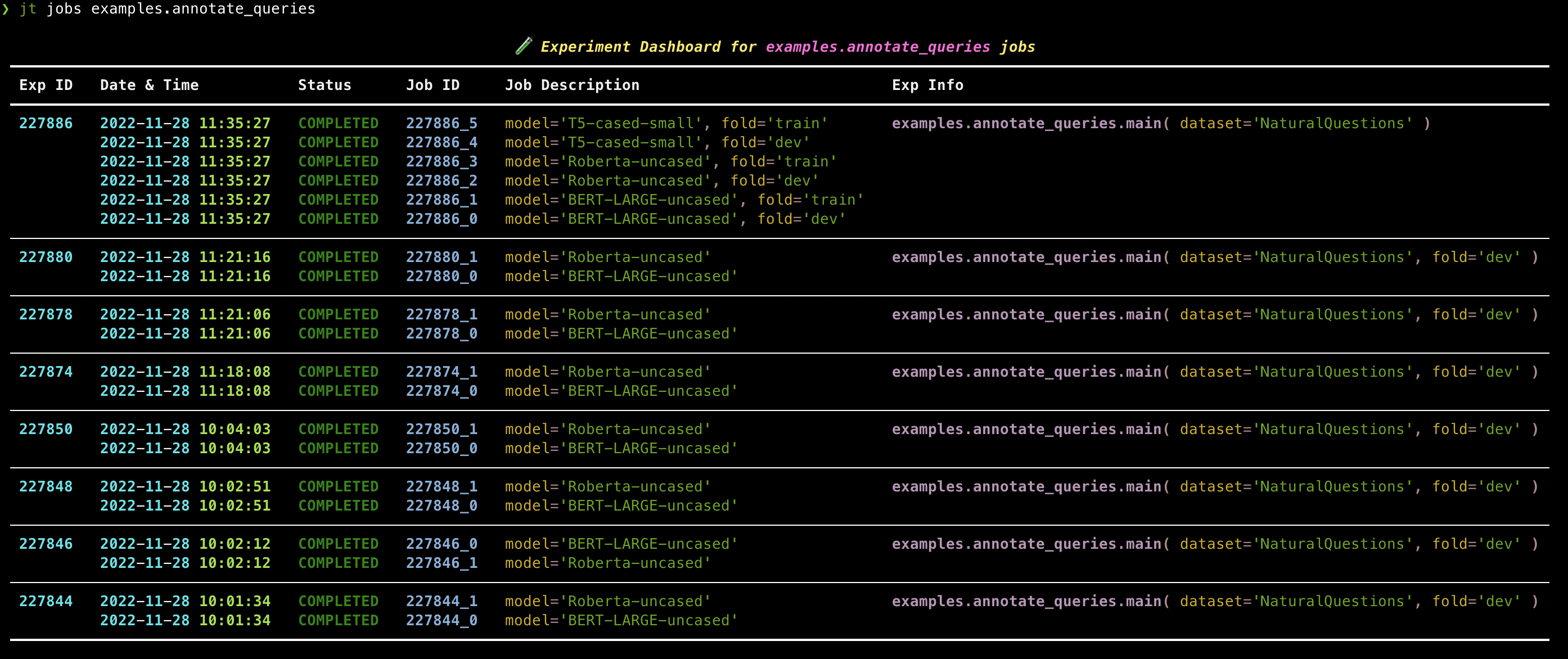 jt jobs EXP_NAME Terminal Response