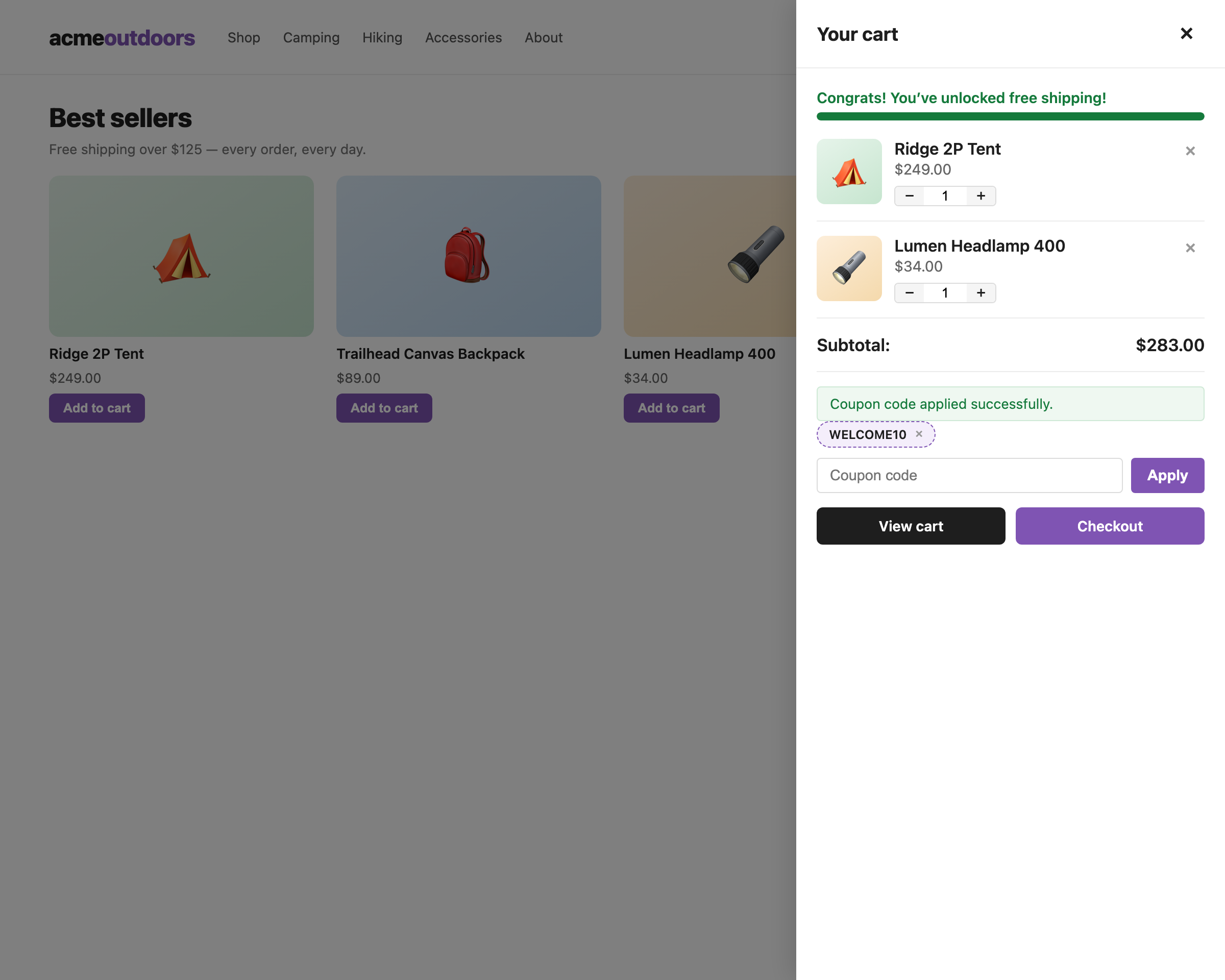 Coupon codes applied in the cart drawer