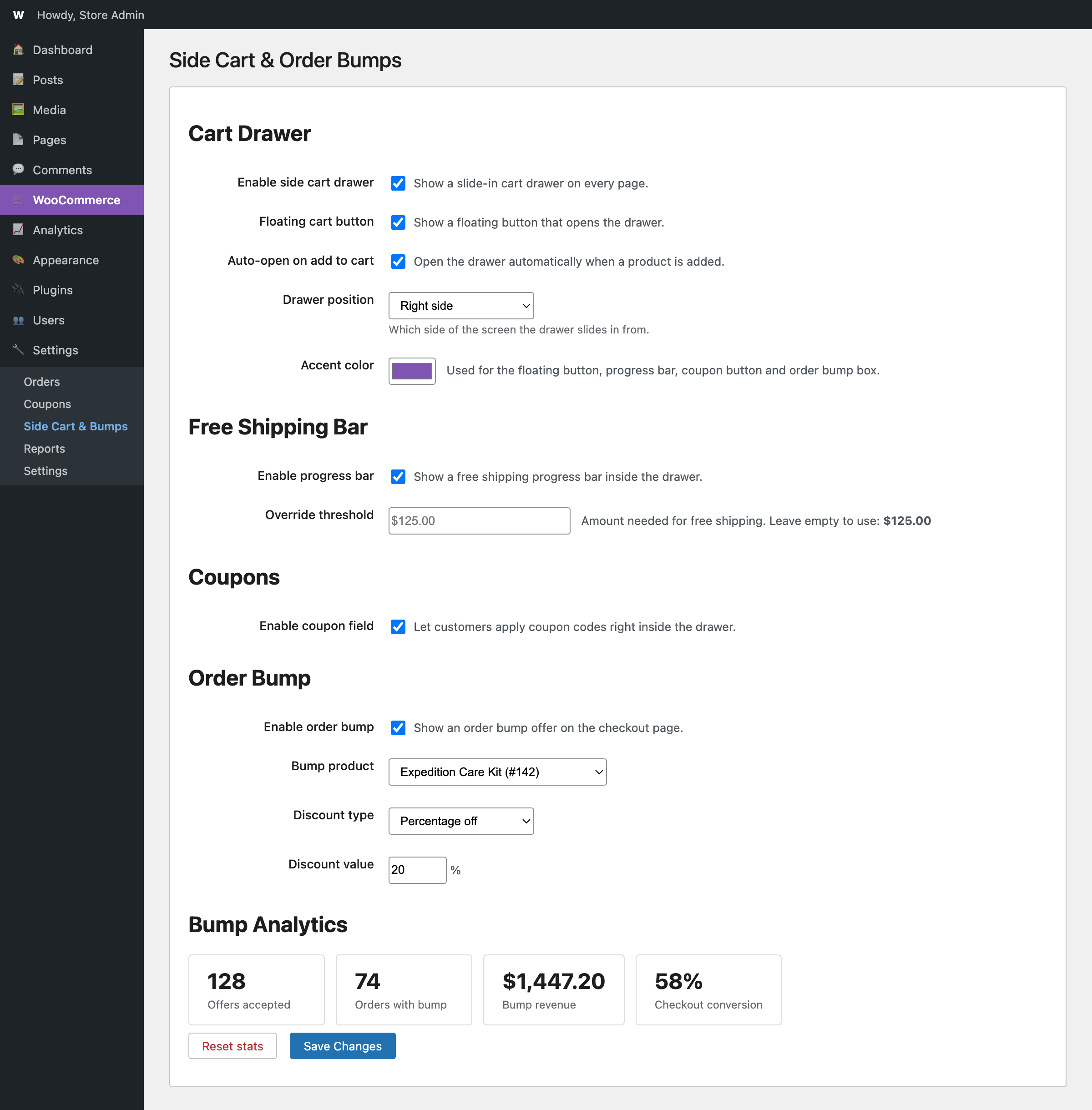 Settings page with bump analytics