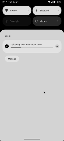 Android notification showing Uploading new animations with a progress bar and a Cancel action