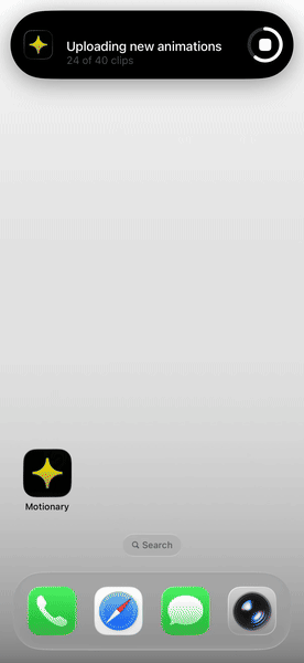 iOS Live Activity showing Uploading new animations with a progress bar and a stop button