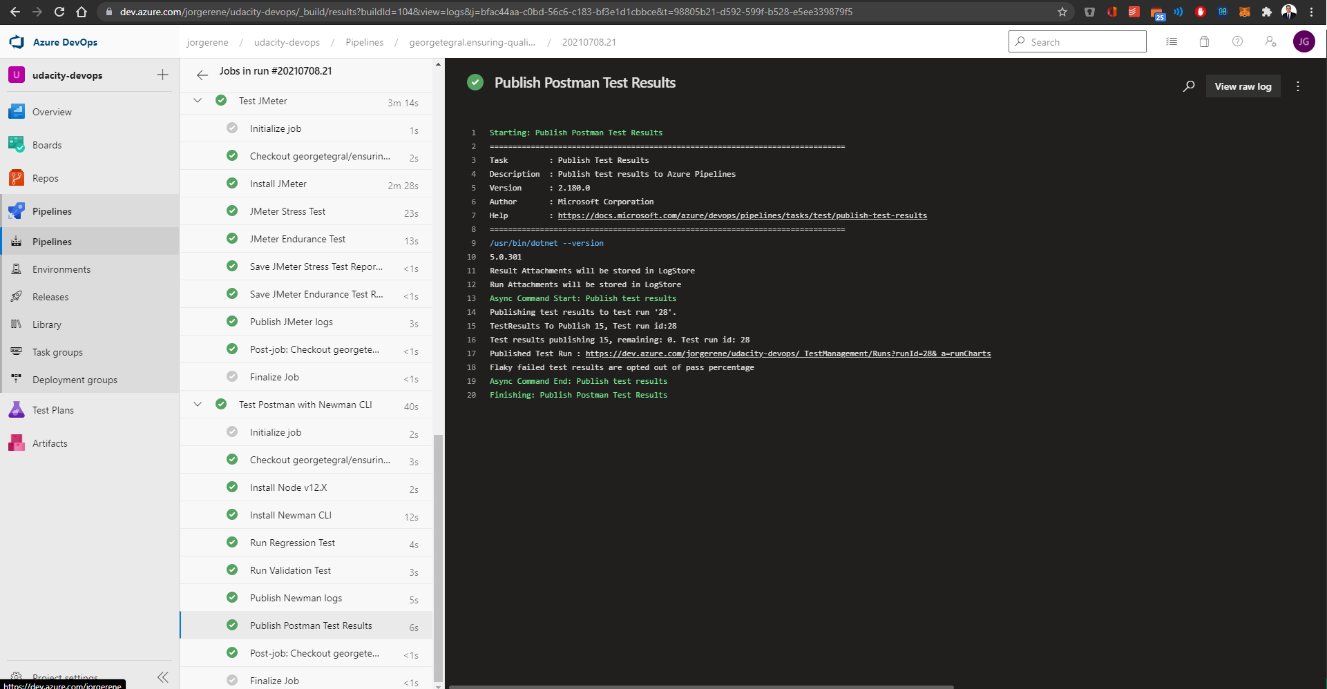 Postman Tests Results Pipeline logs