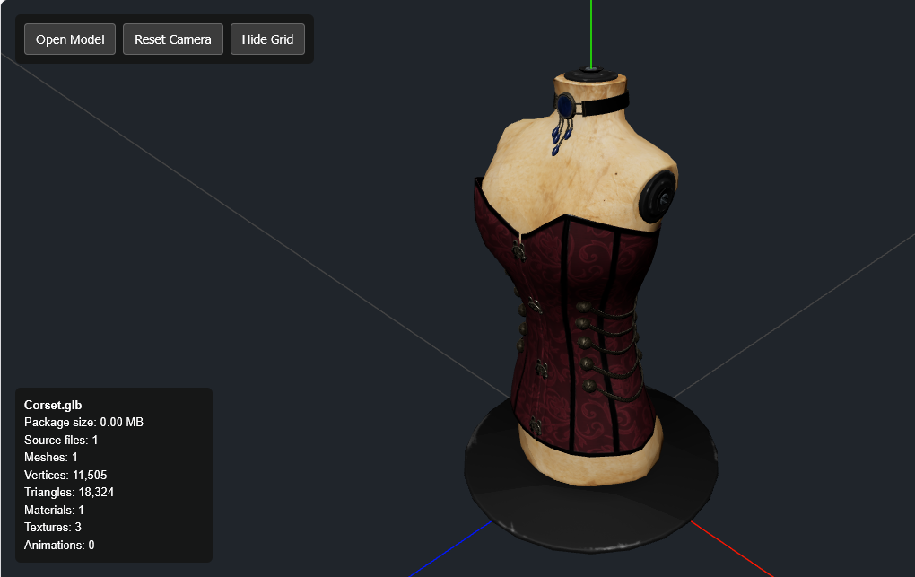 Three.js glTF Model Visualizer showing a loaded 3D model