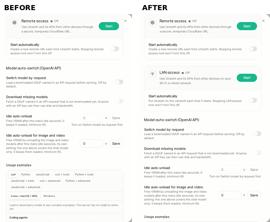 Settings > API keys, section absent vs present