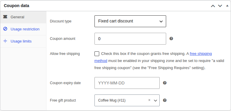 Free gift product field on the coupon screen
