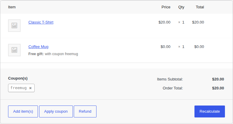 Order screen with the gift line