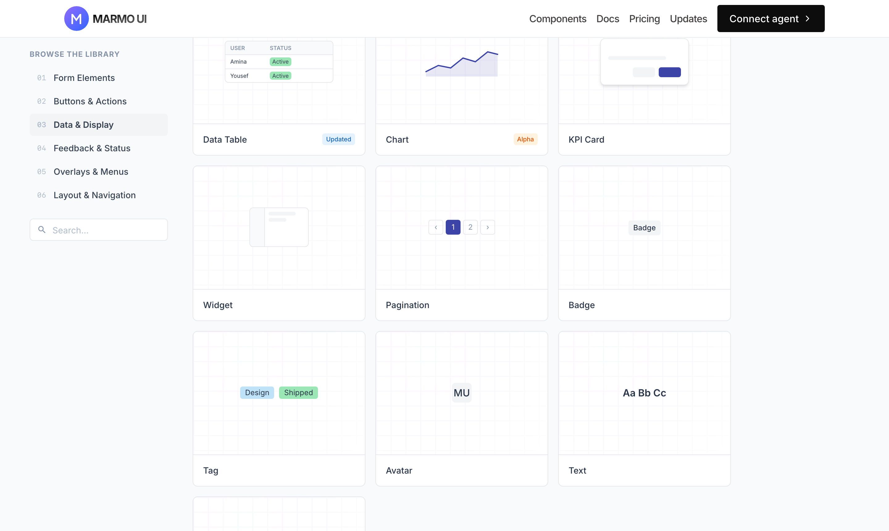 The Marmo UI component library — data tables, charts, KPI cards, badges and more, rendered live at marmoui.com/components