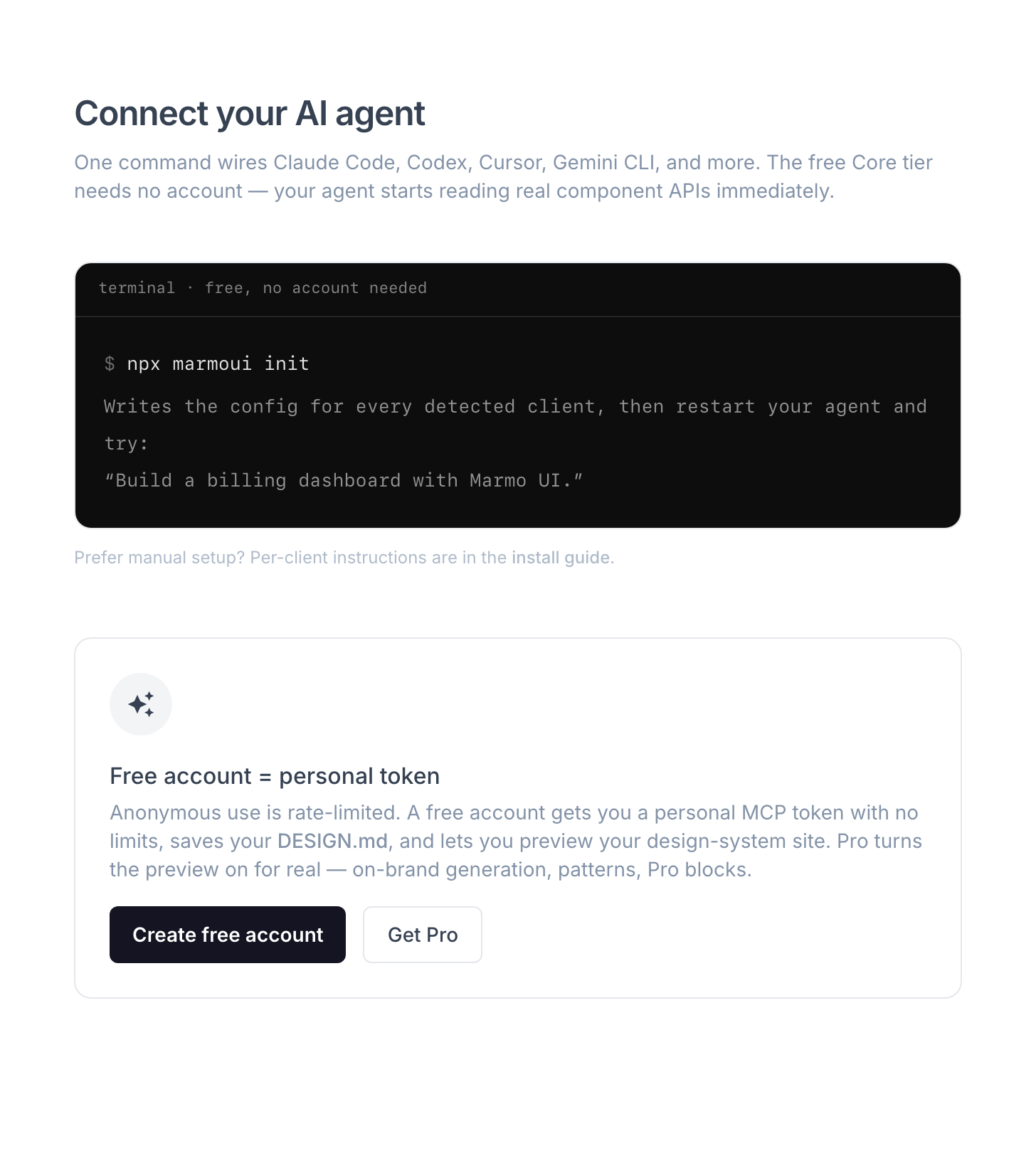 One command — npx marmoui init — wires Claude Code, Codex, Cursor and Gemini CLI to the Marmo MCP