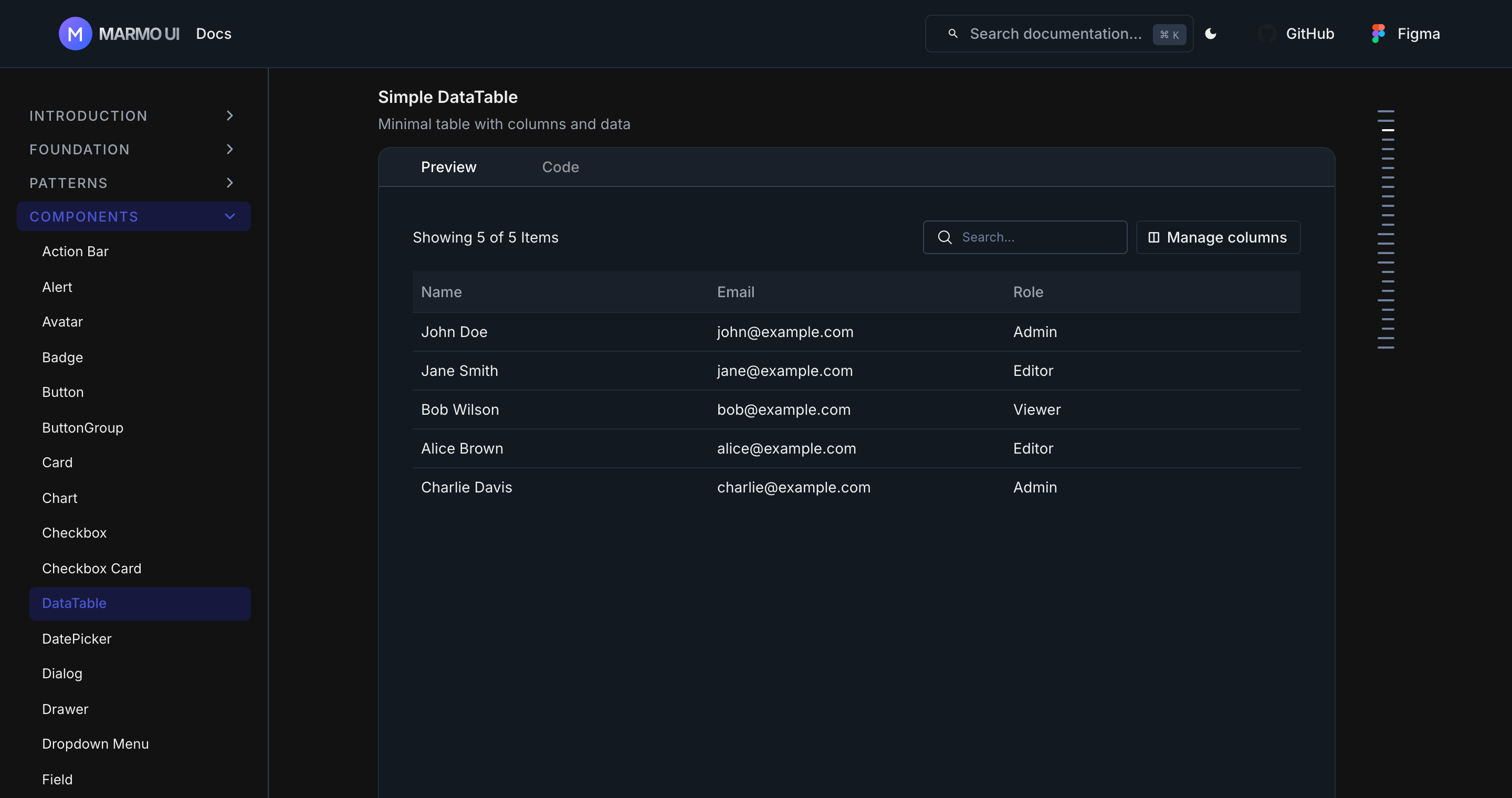 The same DataTable preview in dark theme