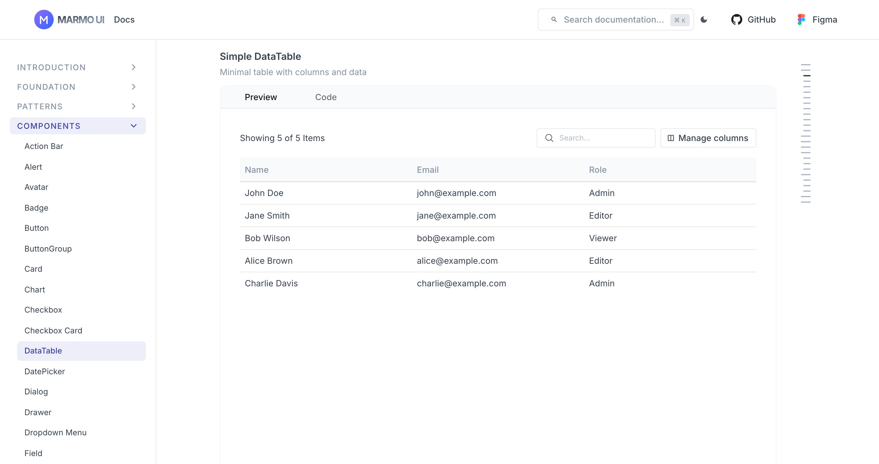 Marmo UI docs, DataTable live preview in light theme