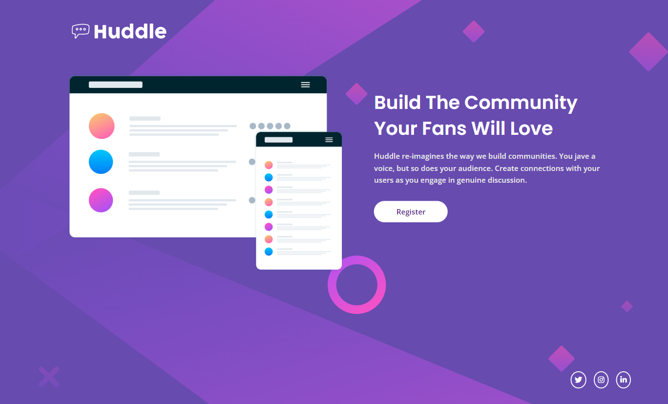 Design preview for the Huddle landing page with single introductory section