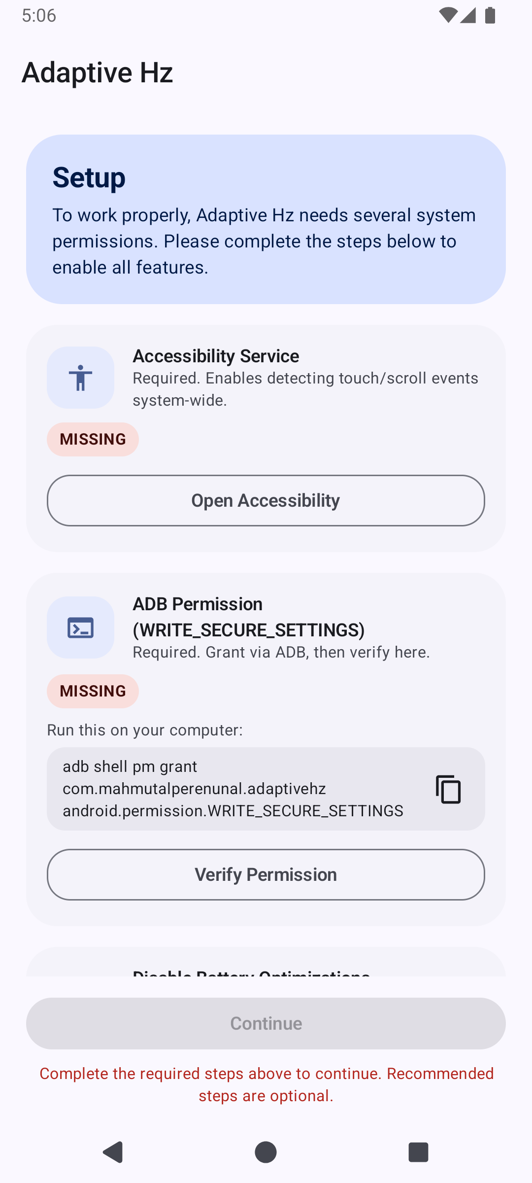 Adaptive Hz guided setup screen