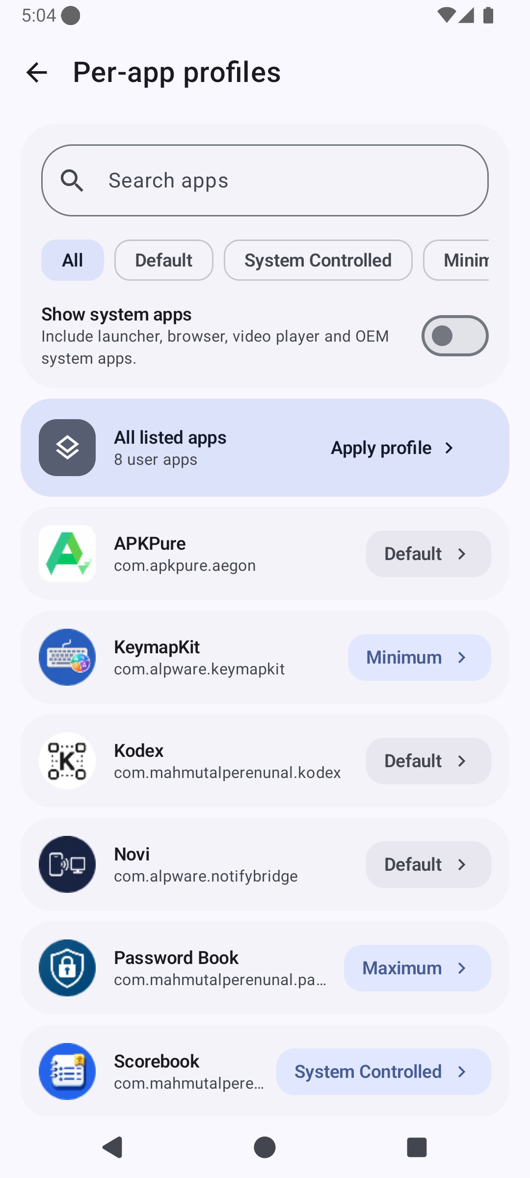 Adaptive Hz per-app profiles screen