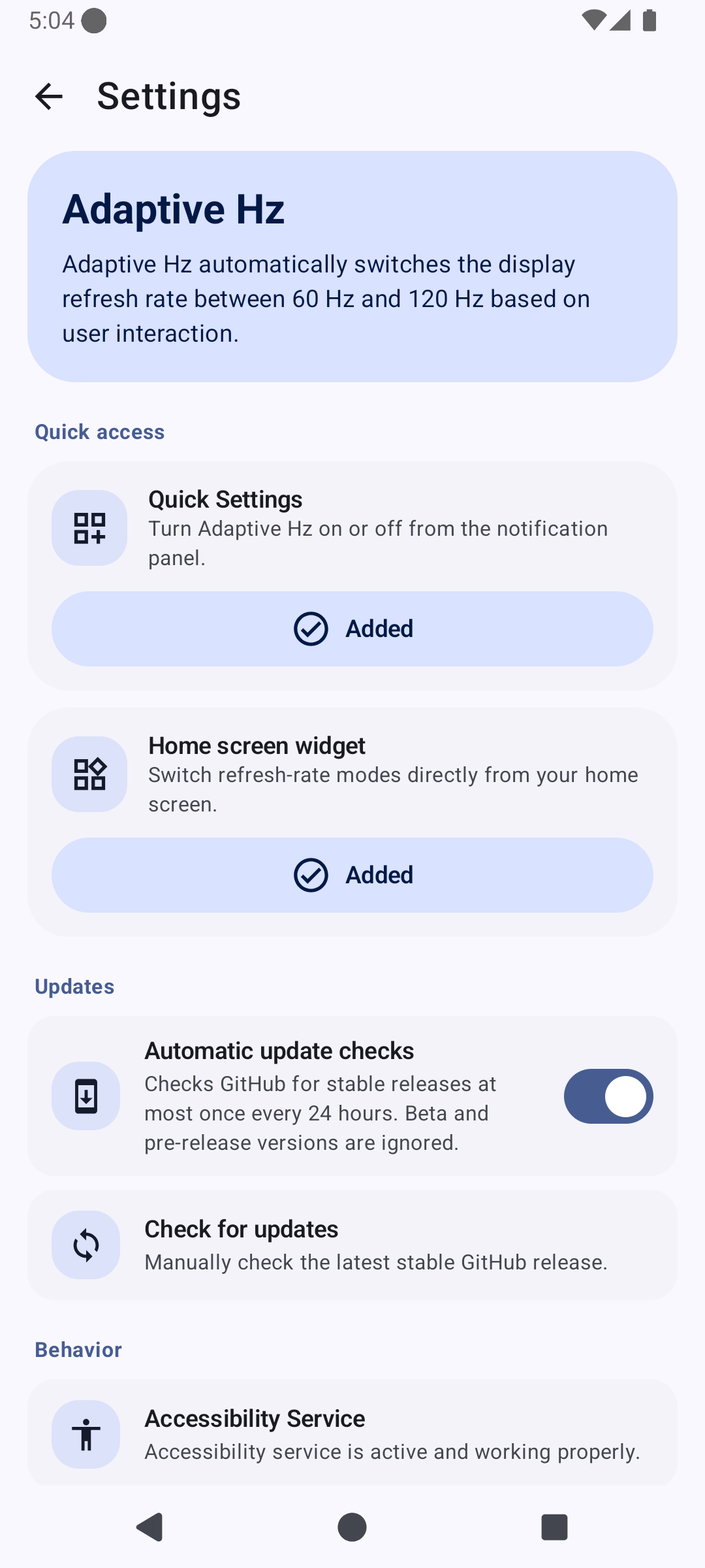 Adaptive Hz settings screen