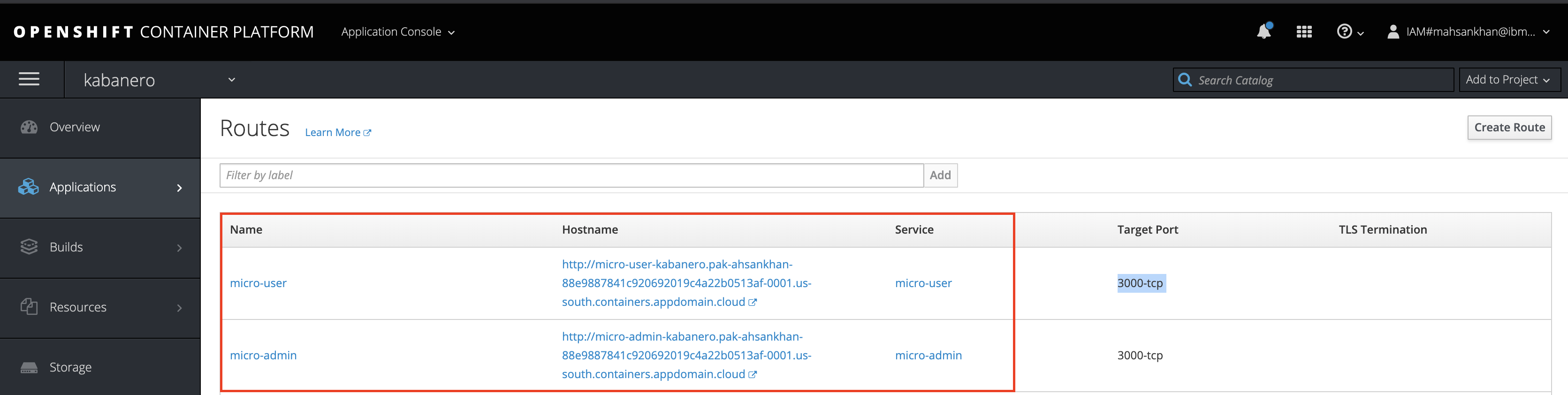 Screen capture of the OpenShift Routes page