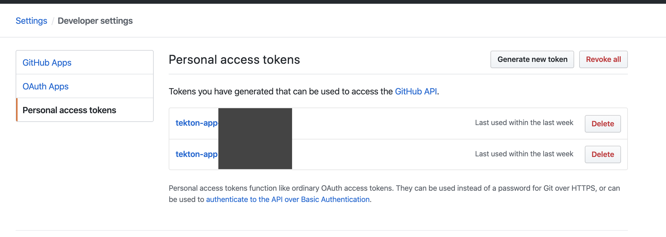 Screen capture of Personal access token page in GitHub