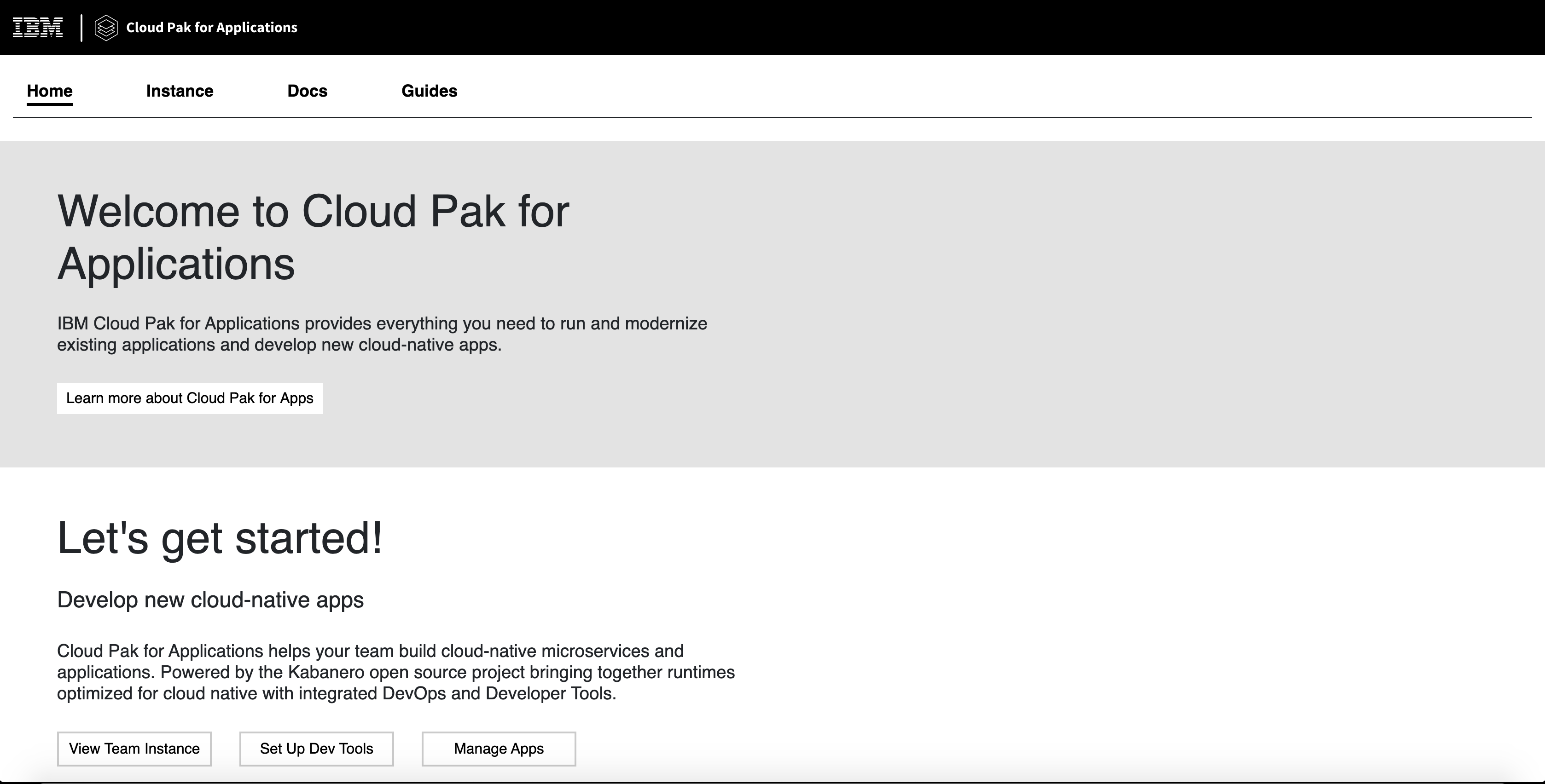 Screen capture of Welcome to Cloud Pak for Applications page