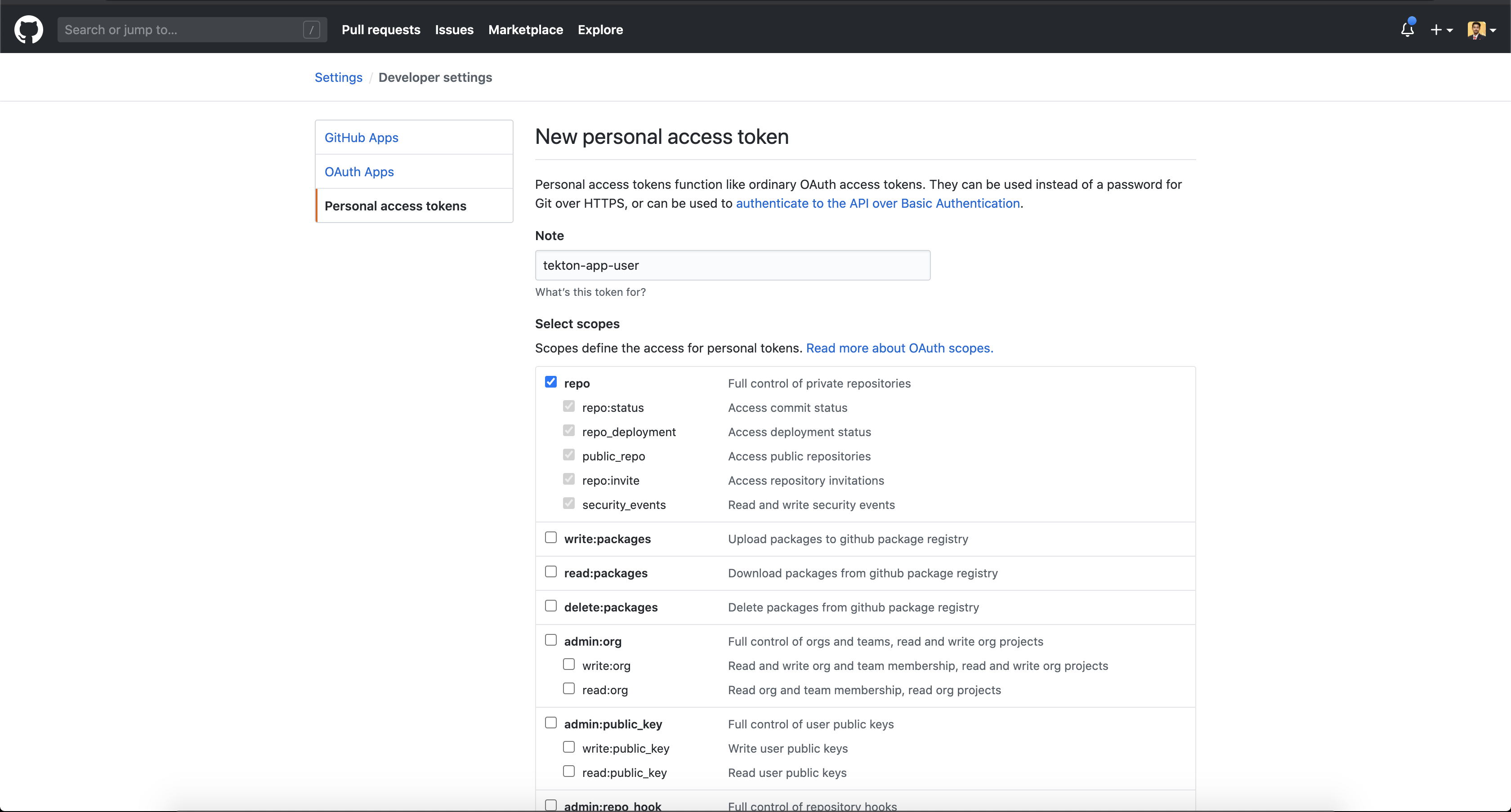 Screen capture of Developer settings page in GitHub