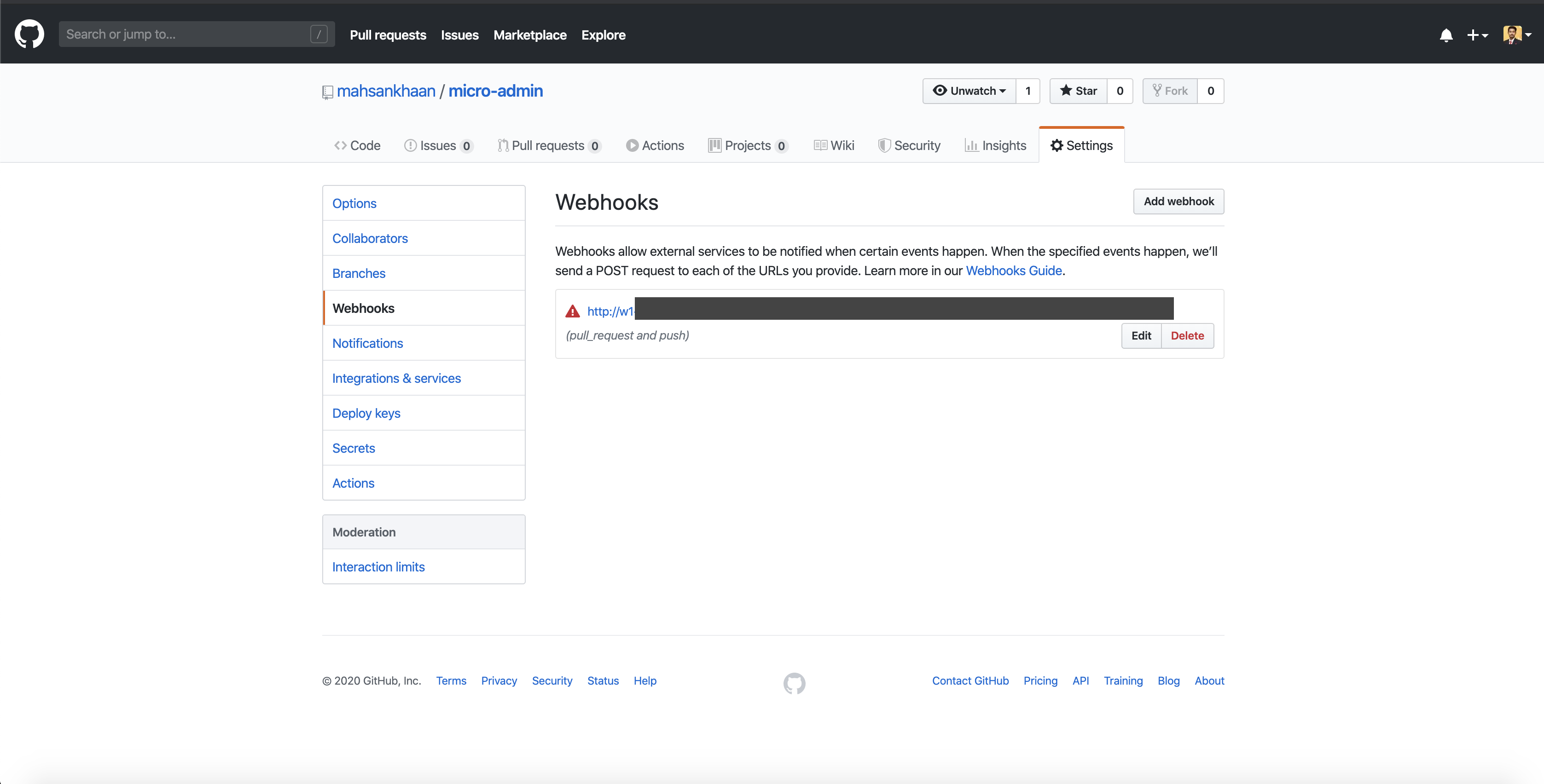 Screen capture of Webhooks section of GitHub