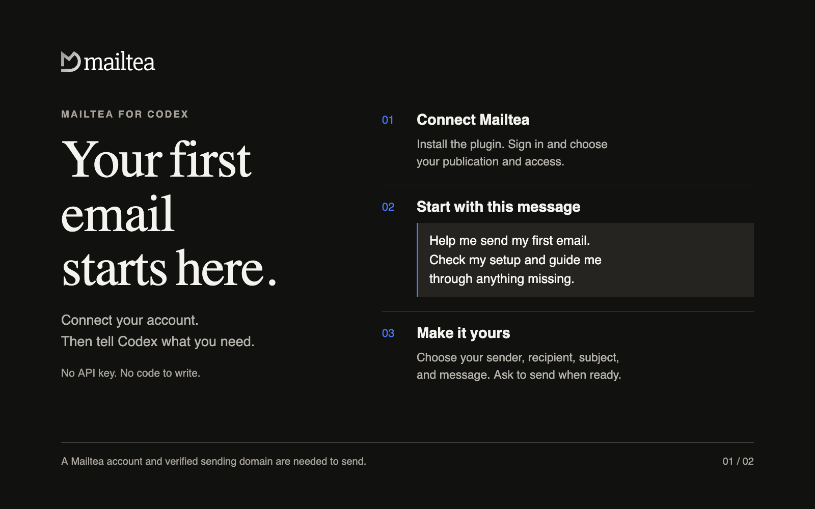 Get started with Mailtea: connect your account, check your setup, and send your first email.