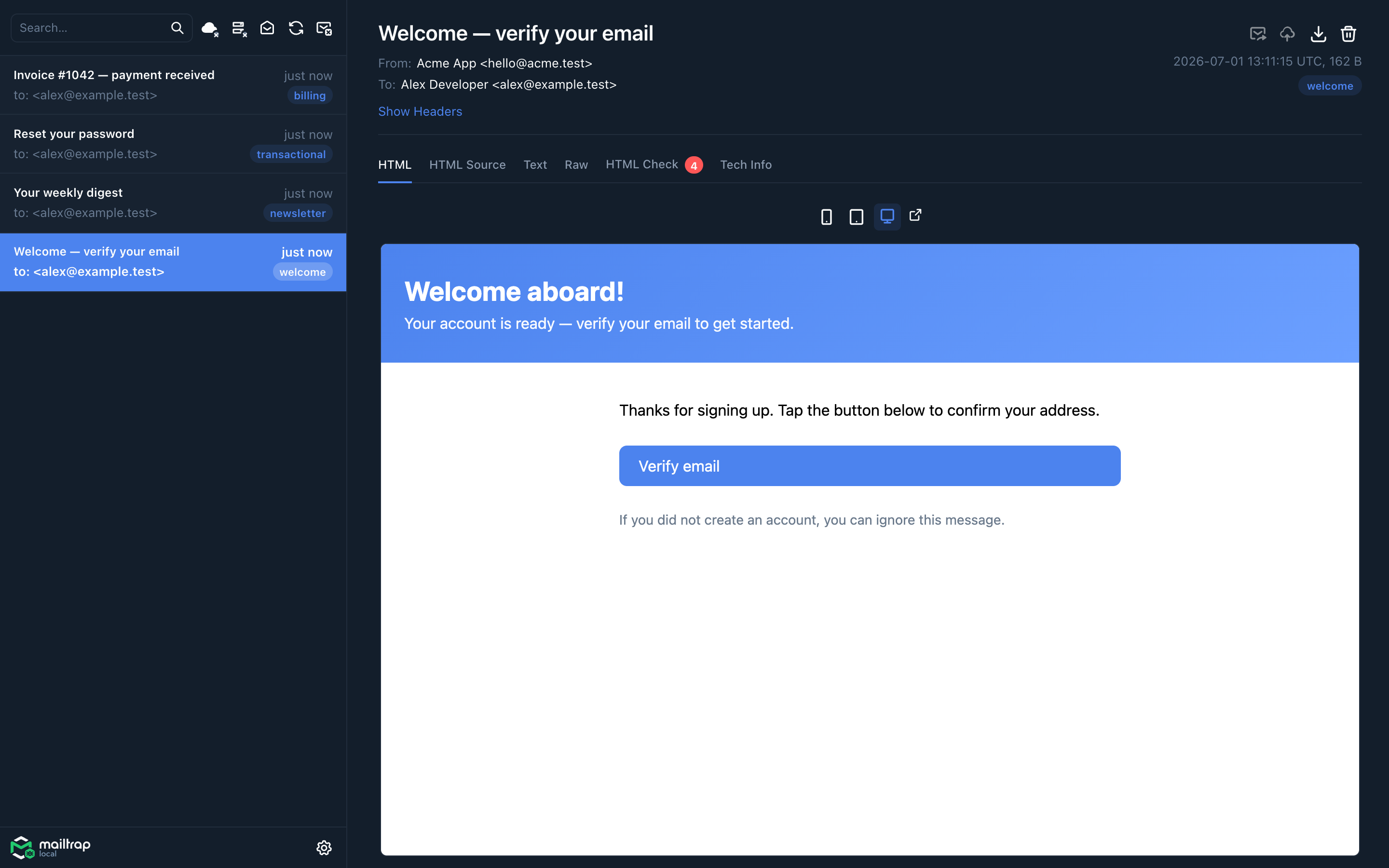 Mailtrap Local inbox with HTML preview