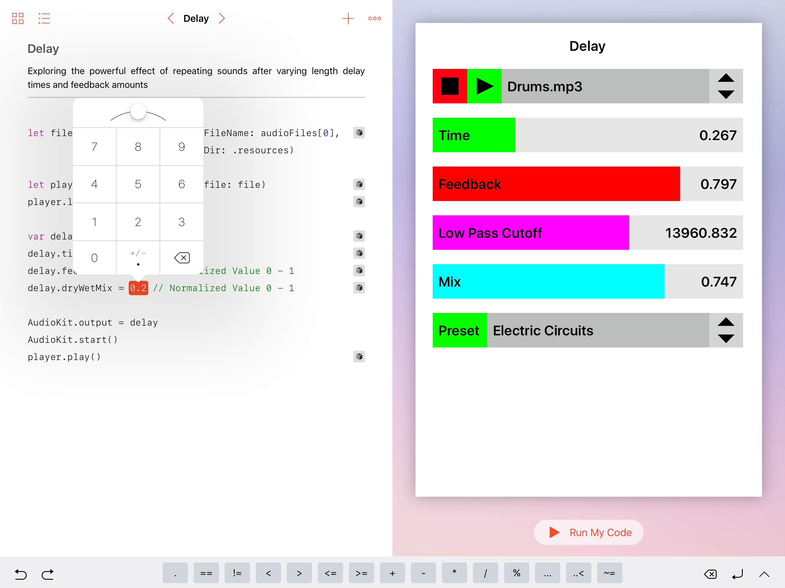 AudioKit for iPad Playgrounds: Screenshot of the Delay Playground