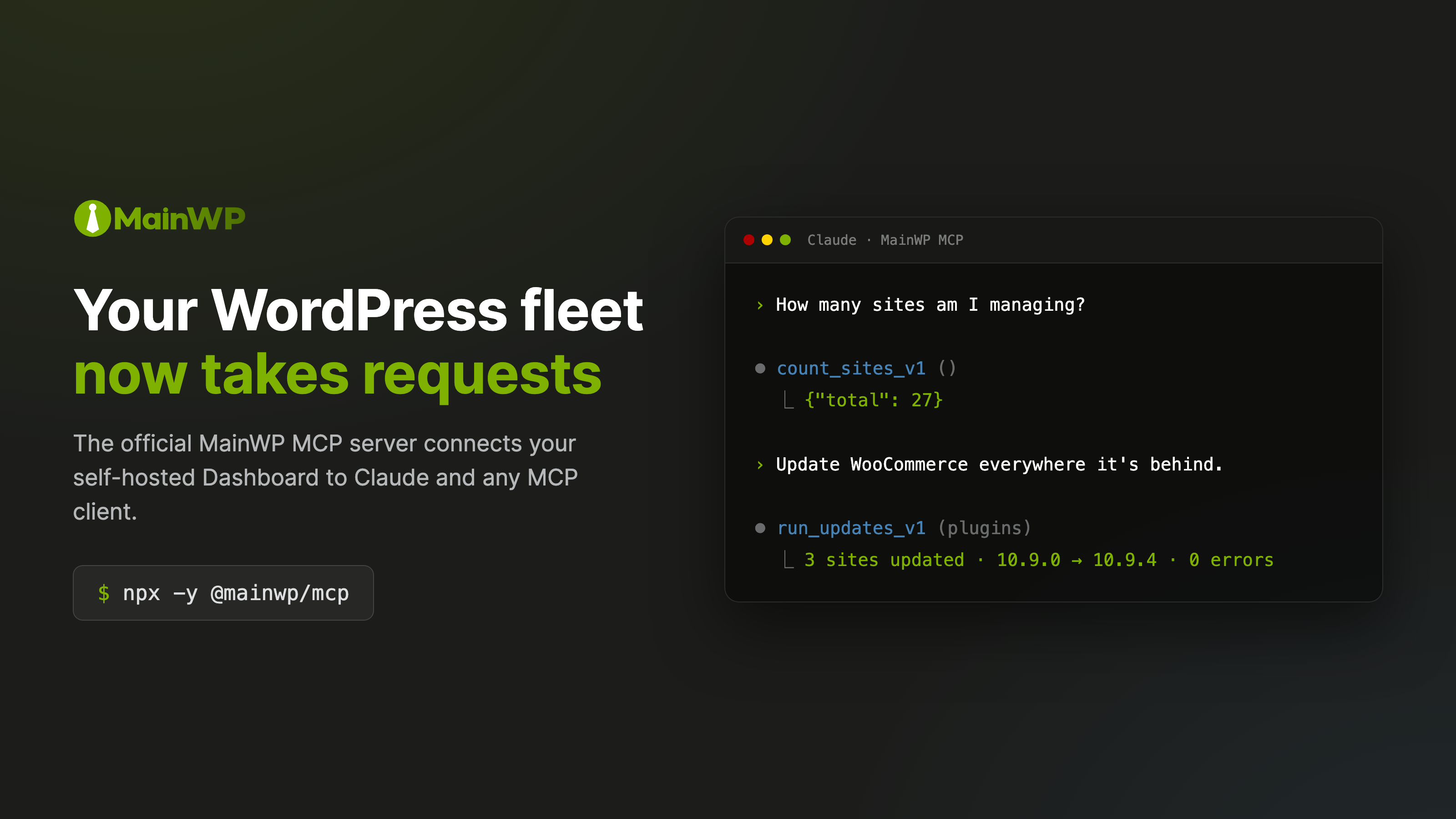 Terminal conversation through the MainWP MCP server: asking how many sites am I managing, then updating WooCommerce on every site where it is behind
