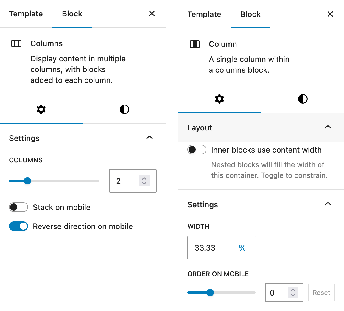 Column order controls in the block editor sidebar