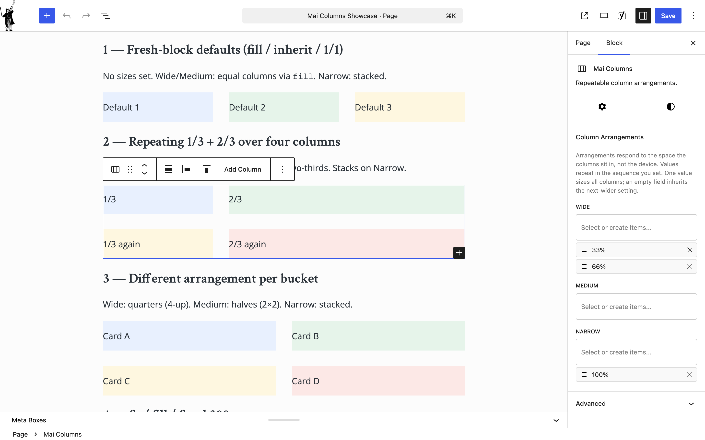 The Column Arrangements settings