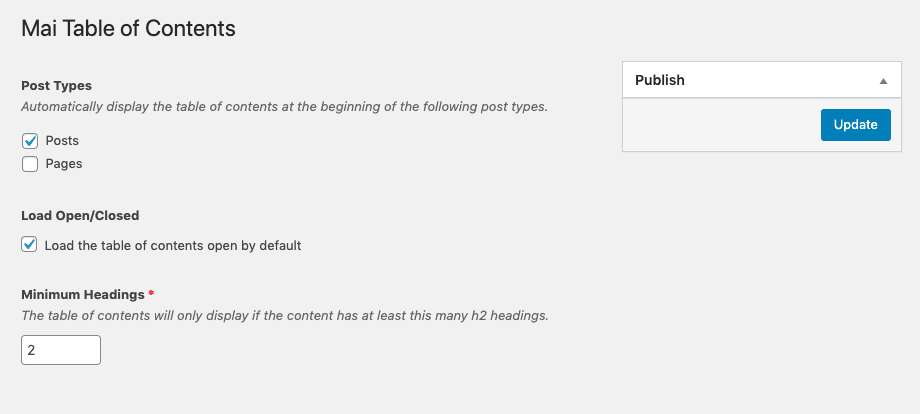 Mai Table of Contents Block Settings