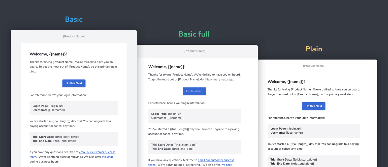 Starter templates side-by-side: Basic, basic full, and plain