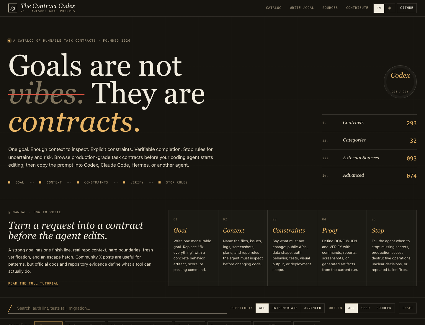 Awesome Goal Prompts — searchable prompt catalog for Claude Code, Codex, and Cursor coding agents