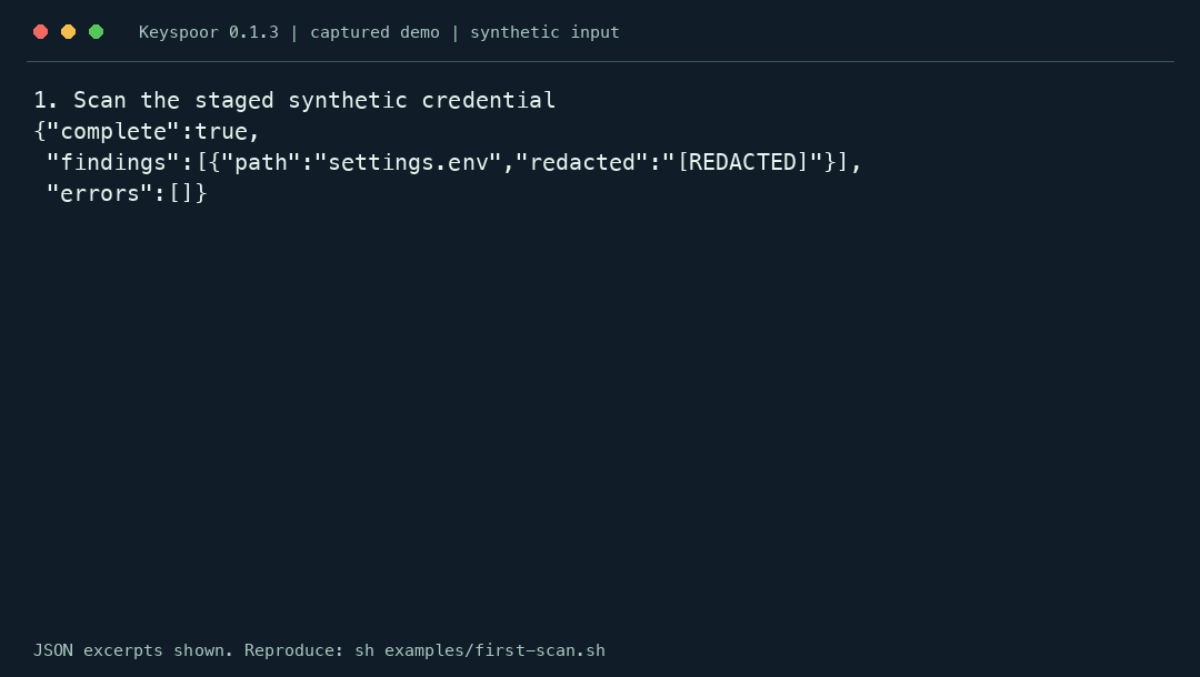 Keyspoor detects a staged synthetic credential, blocks the commit, and accepts the repair
