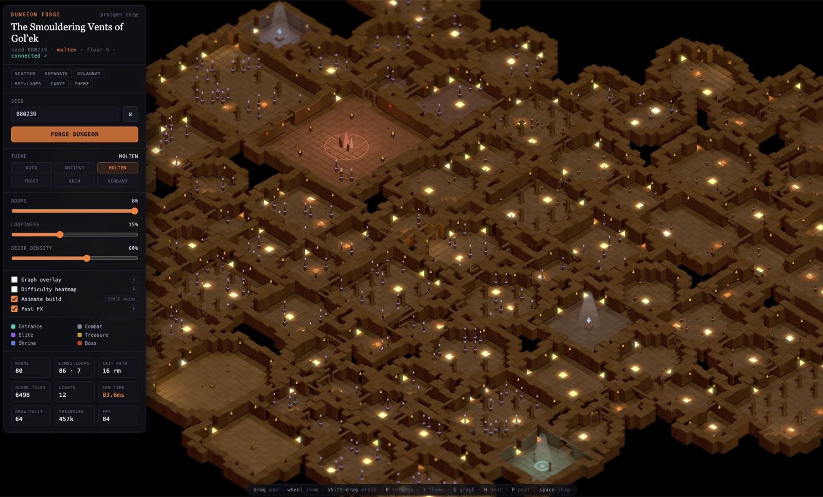 Dungeon Forge — a procedurally generated molten dungeon seen from above