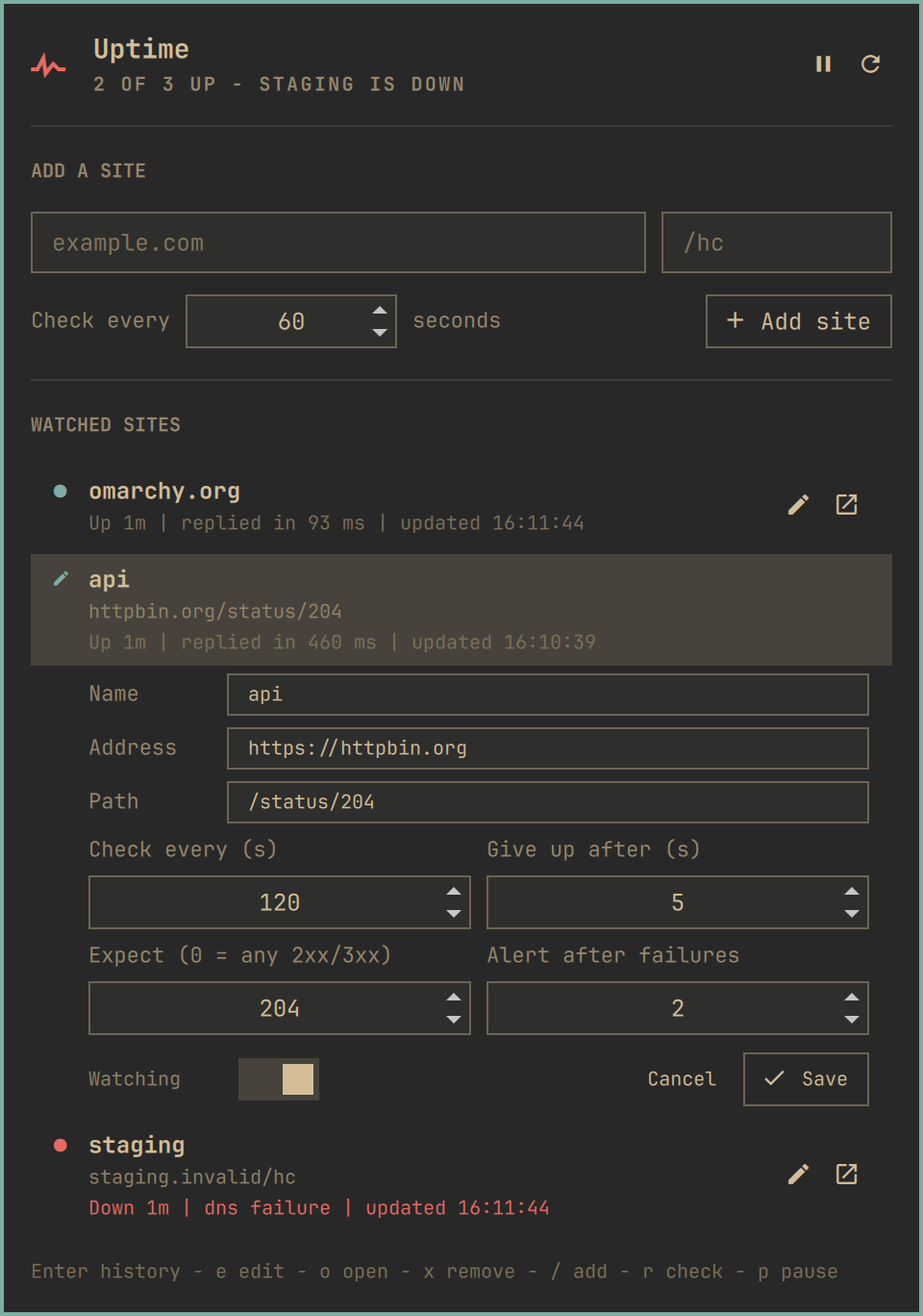 Edit mode, with every field of a site