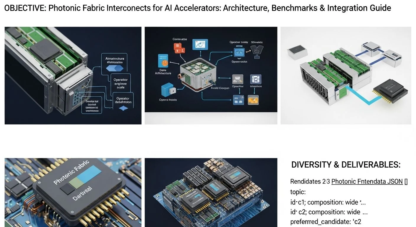 Photonic chip interconnect diagram with waveguides, AI accelerator blocks, benchmark charts, integration flow arrows