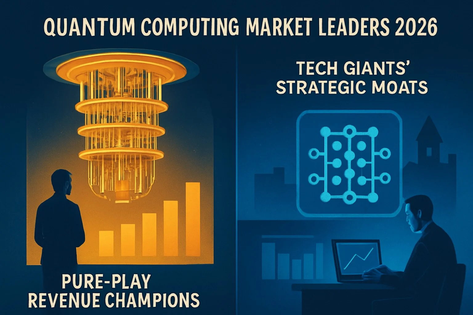 Bar chart comparing quantum computing revenue: pure-play leaders versus tech giants in 2026.