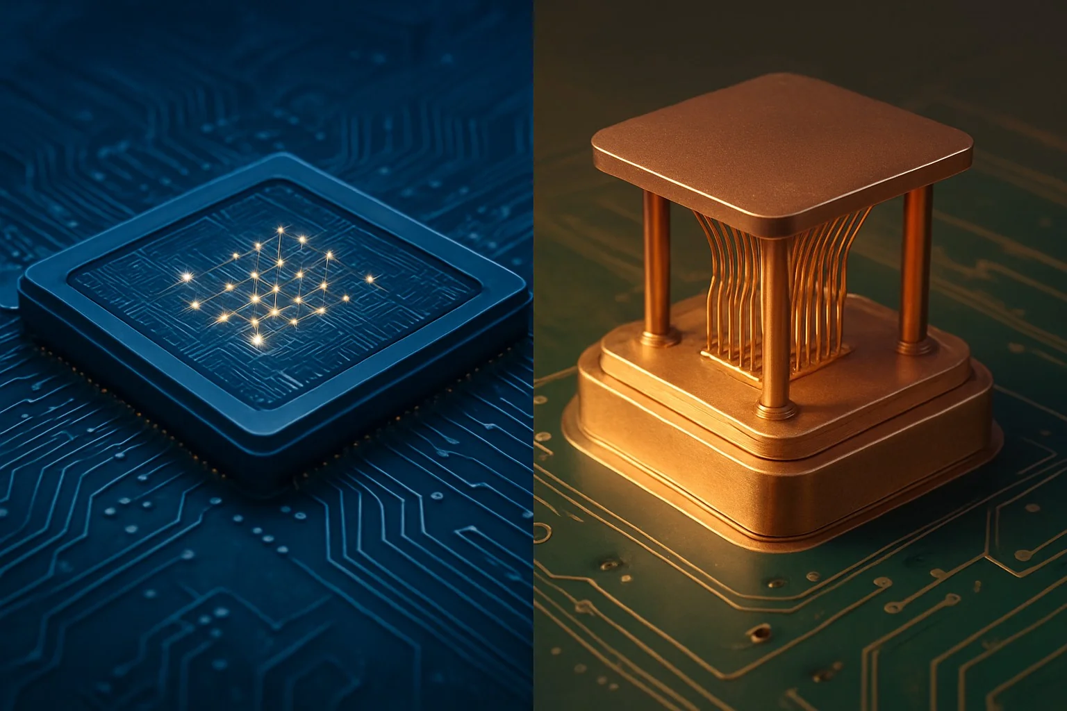 Infographic comparing existing quantum processors to experimental quantum computing concepts