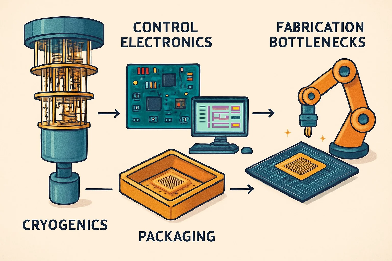 Quantum computer supply chain diagram showing cryogenics, control electronics, packaging, and fabrication bottlenecks