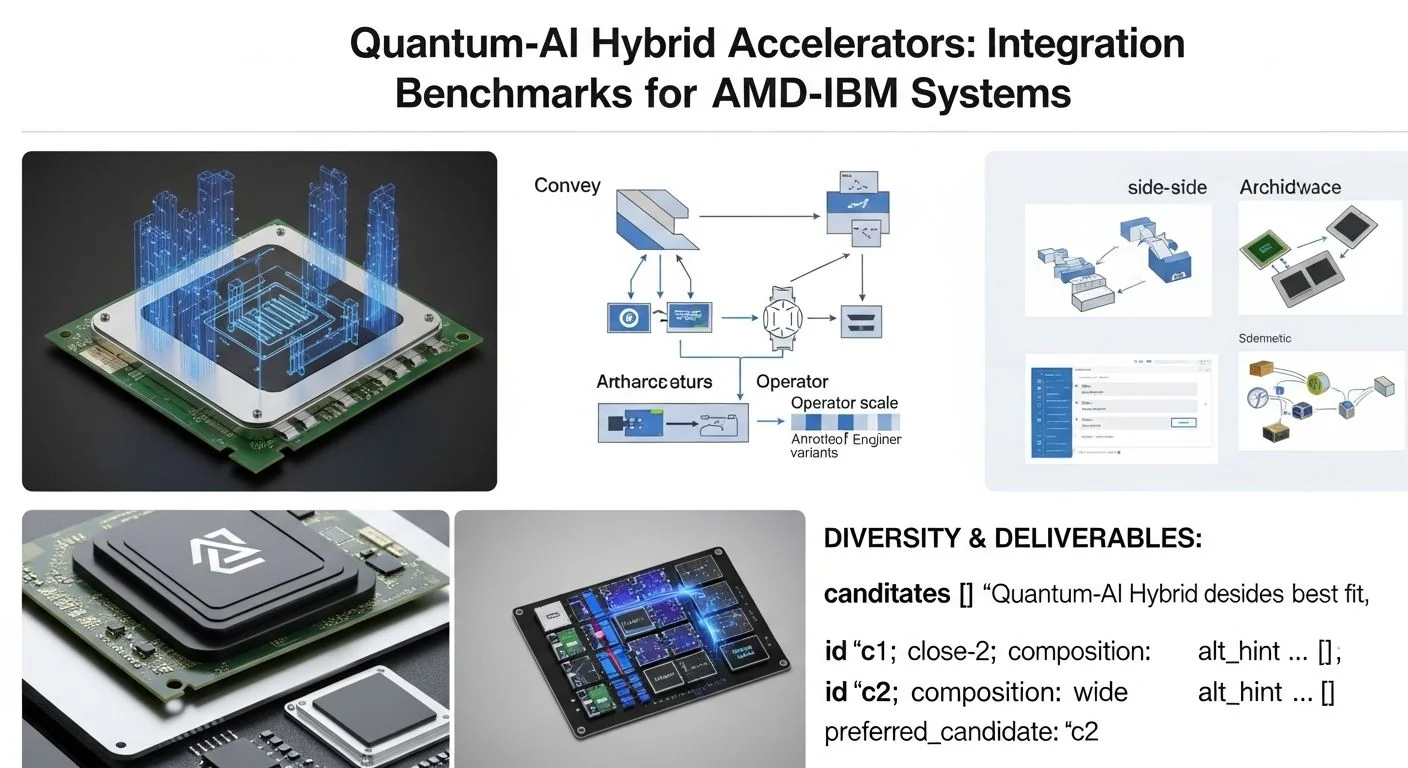 Performance benchmark graphs comparing quantum-AI hybrid accelerator speeds on AMD-IBM integrated systems.