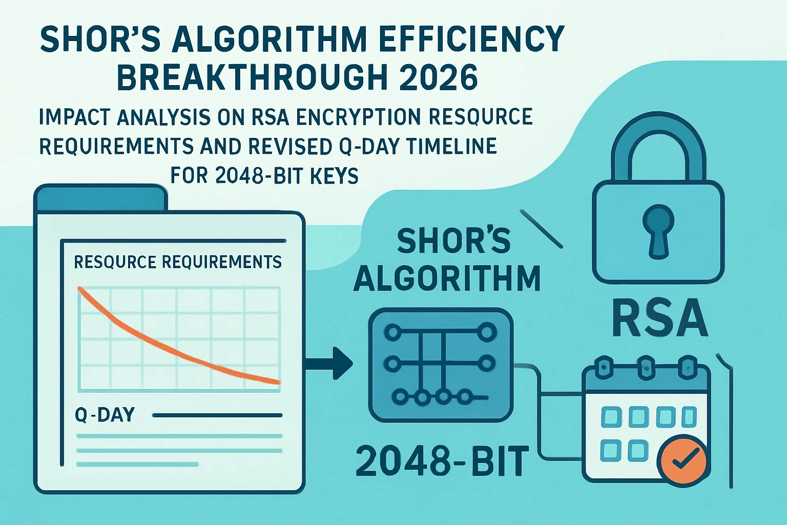 Quantum computer chip with Shor's algorithm efficiency chart showing RSA encryption timeline reduction