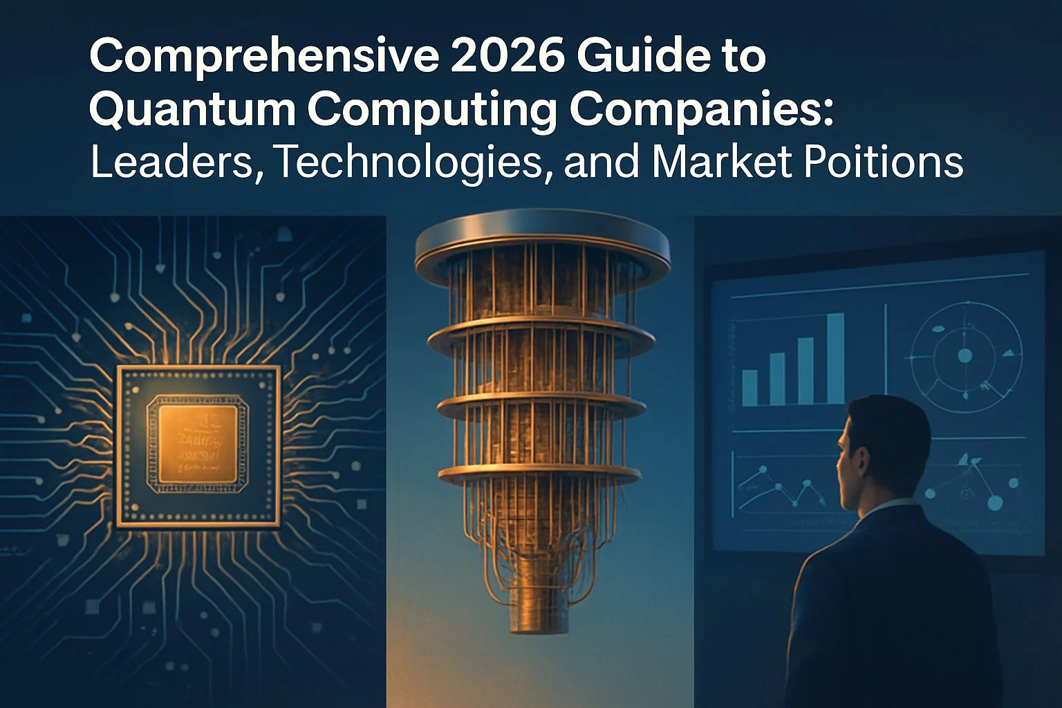Quantum computing companies guide cover with logos, technology icons, and market position chart.