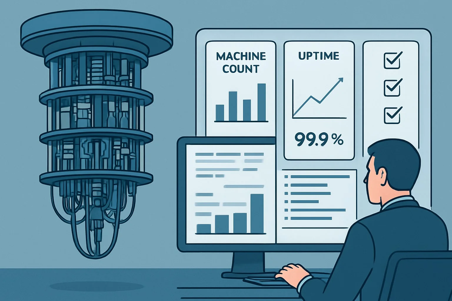 Flowchart comparing quantum vendor machine counts, uptime metrics, and access models