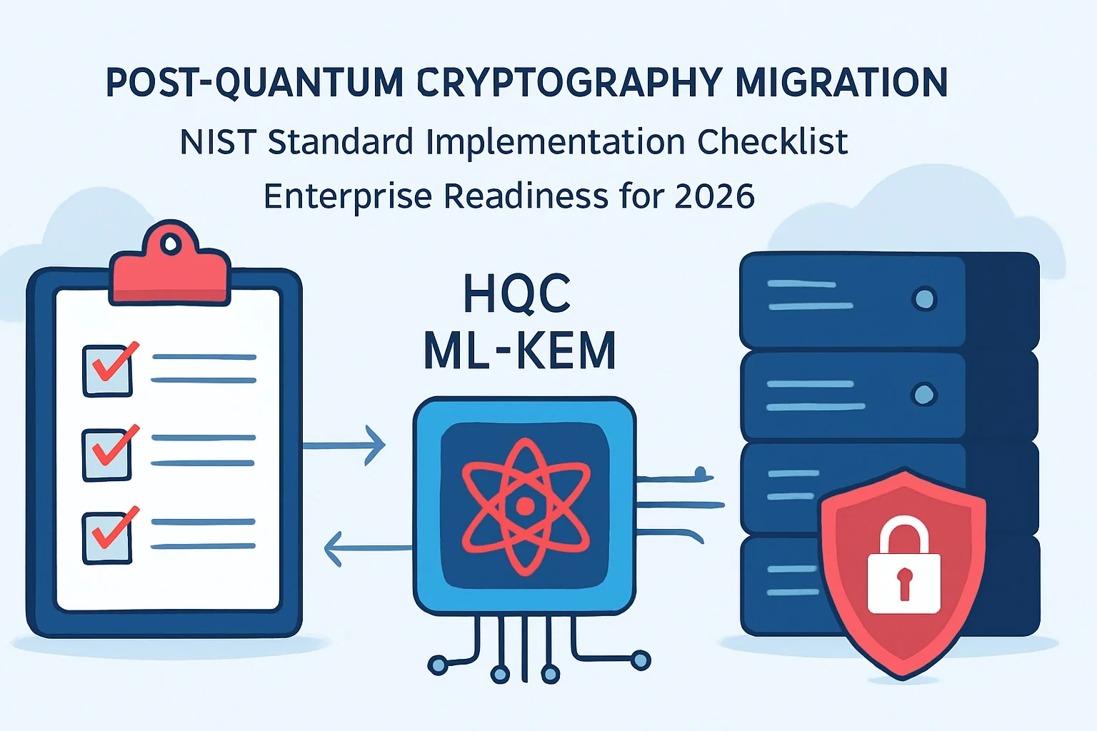Infographic checklist for NIST post-quantum cryptography migration using HQC and ML-KEM, enterprise readiness for 2026