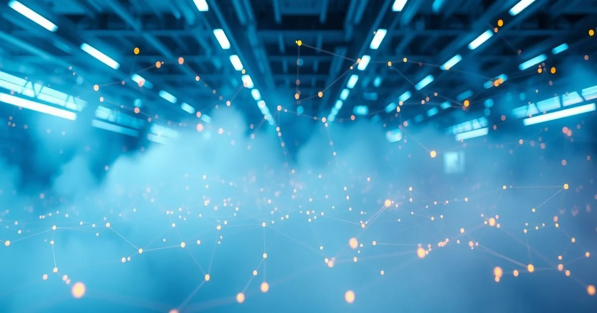 Autonomous drones and sensors stream data to a city dashboard, connected by glowing network lines.