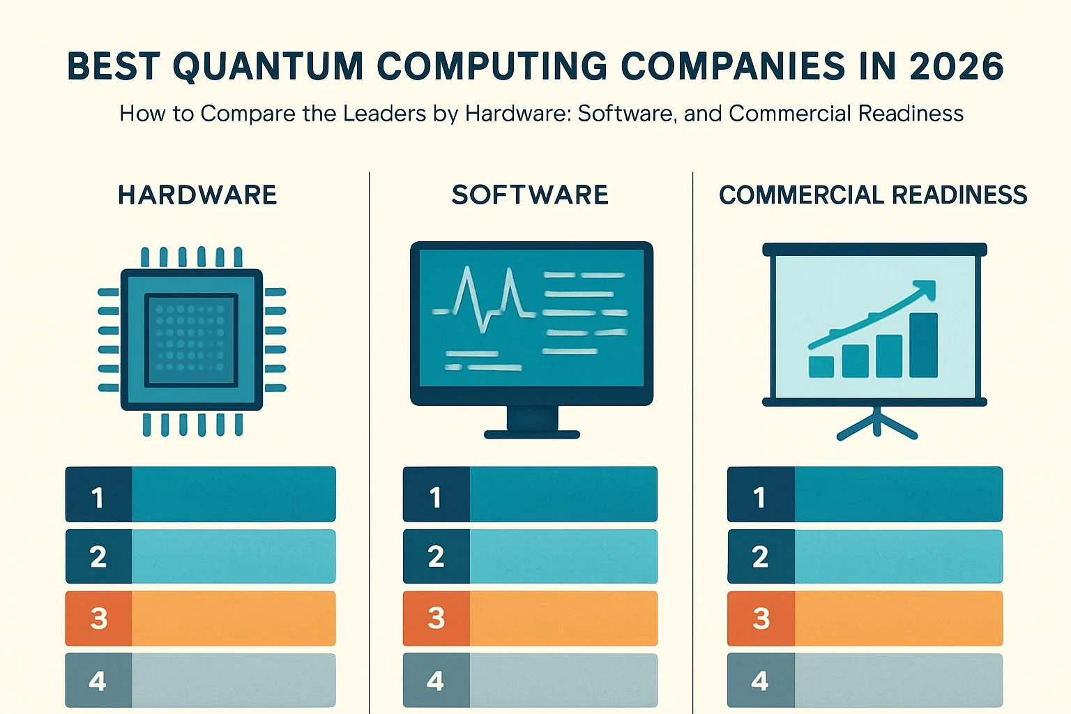 Infographic comparing quantum computing companies by hardware, software, and commercial readiness metrics.