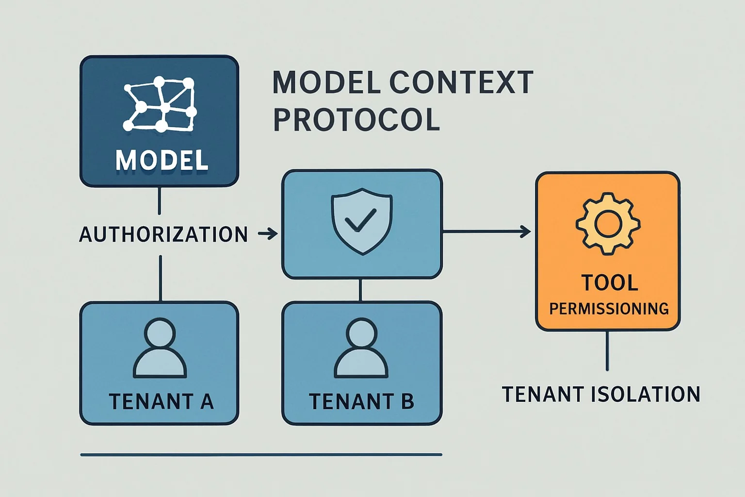 Diagram illustrating MCP authorization, tenant isolation, and tool permissioning