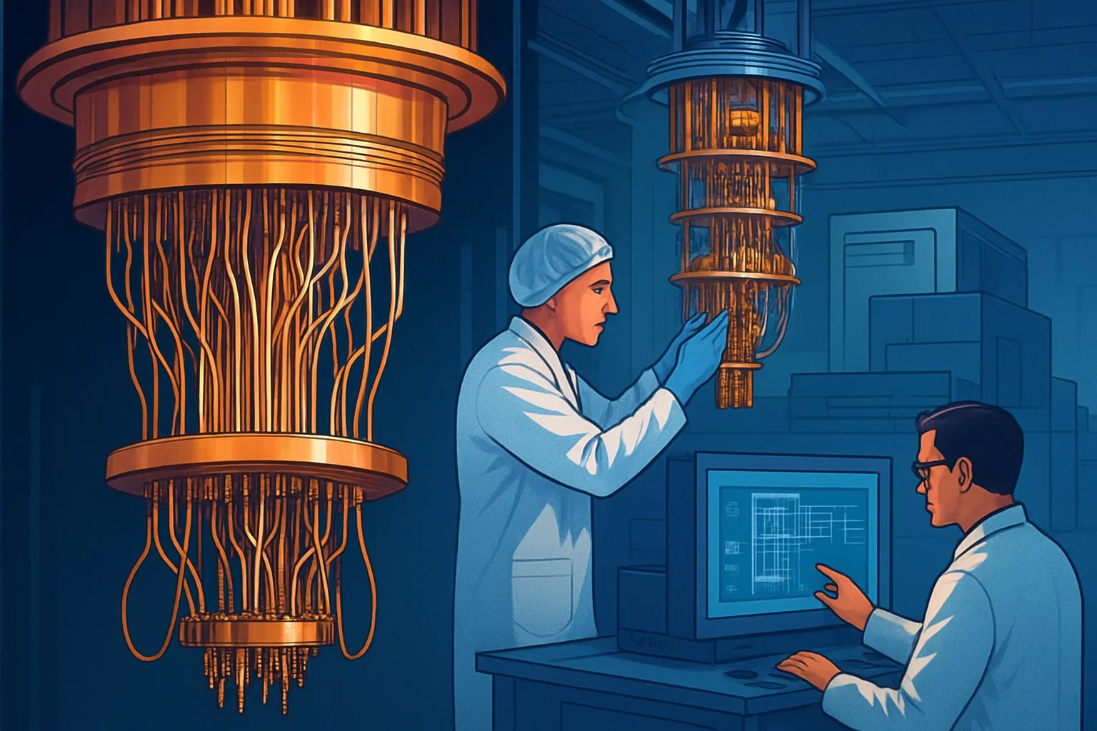 Technicians assembling quantum computer hardware in cleanroom with dilution refrigerators and superconducting circuits