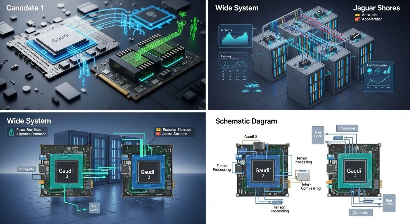 Intel Gaudi 3 and Jaguar Shores AI accelerator chips with architecture diagrams and performance benchmark charts.