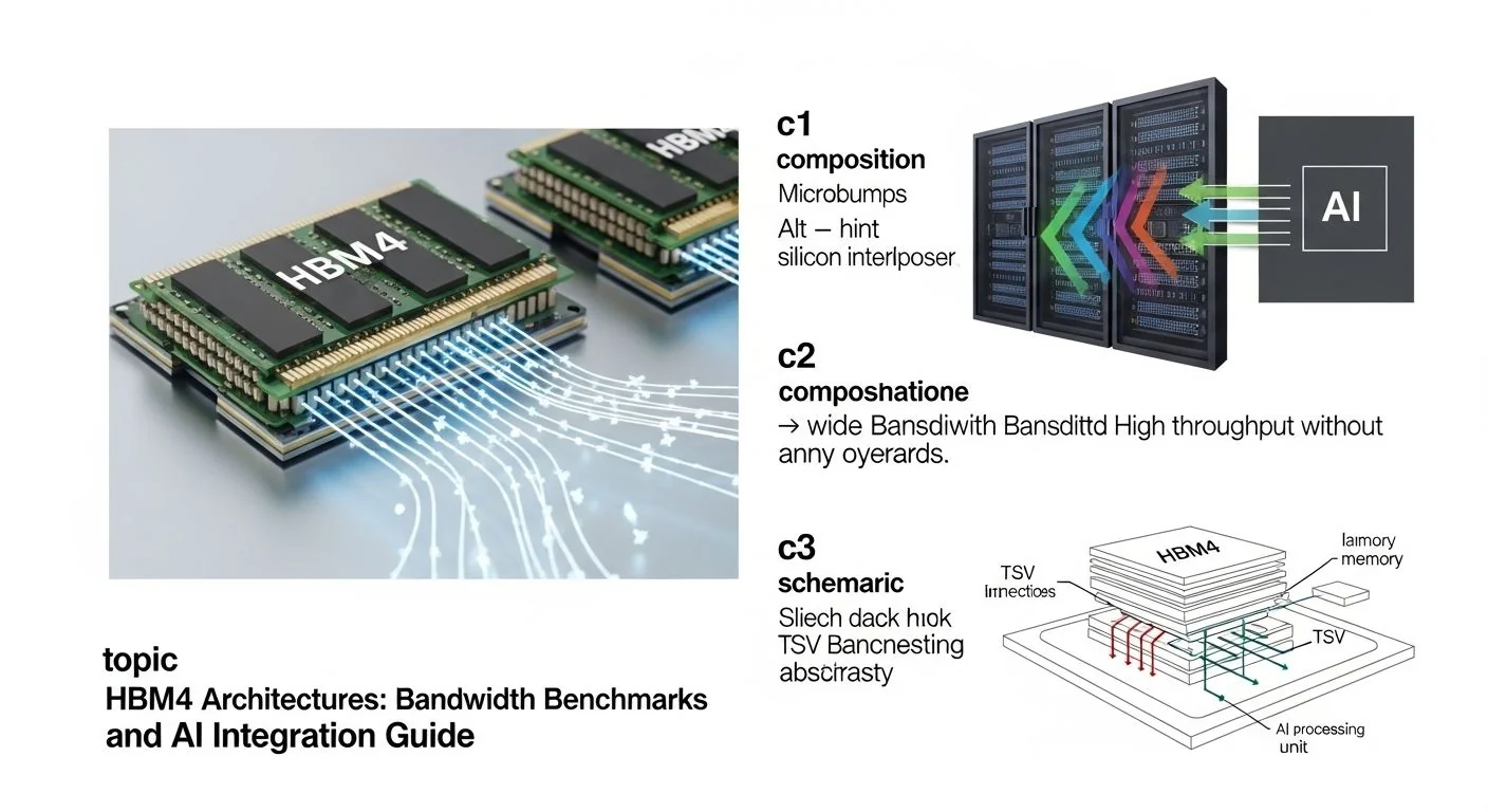 HBM4 memory chip diagram with bandwidth comparison charts and AI accelerator integration schematic.